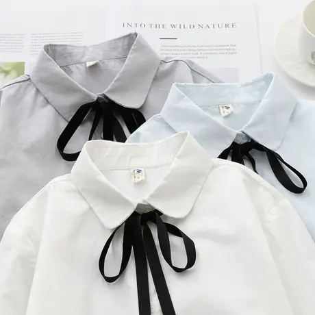 早春新款韩版文艺娃娃领系带纯棉白色衬衫女学生职业百搭修身上衣图片