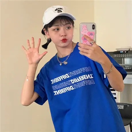 红续~夏装2023新款字母百搭宽松小个子圆领纯棉短袖T恤女上衣ins图片