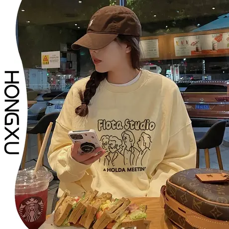 红续新款趣味简笔印花卫衣2023年秋冬无帽加厚加绒百搭显瘦上衣潮商品大图