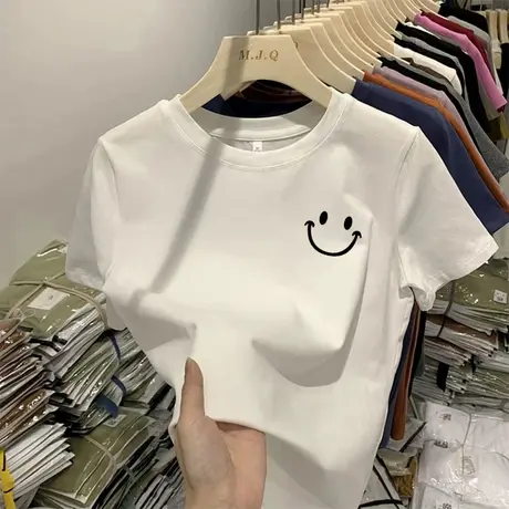 白色盐系纯棉短袖t恤女夏季宽松2023年新款女装印花体恤美式上衣商品大图