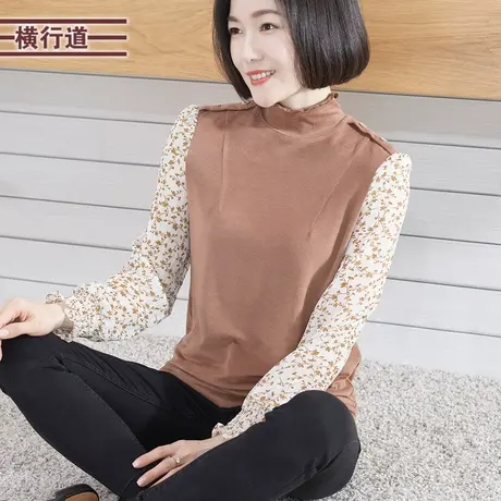 2023冬季新款半高领打底衫宽松大码中年妈妈长袖T恤女装雪纺上衣商品大图