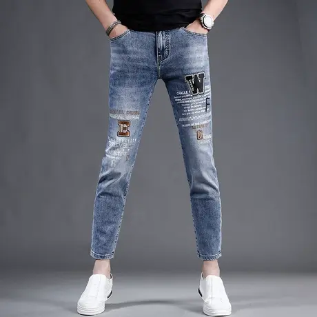 刺绣修身小脚九分牛仔裤男夏季薄款2023新款潮流绣花男士裤子9分商品大图