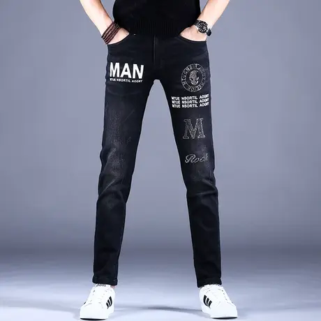 男士印花牛仔裤男百搭2023新款高端潮牌男款裤子秋款修身小脚弹力商品大图