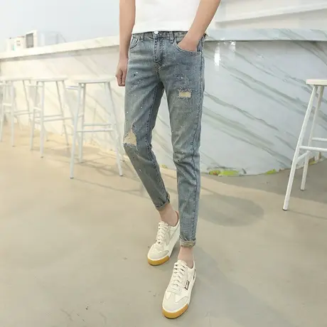2023秋季油漆微弹牛仔裤男青年修身小脚裤潮流破洞韩版破洞长裤子商品大图