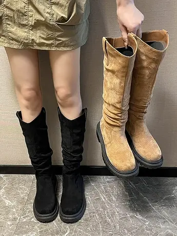 靴子女长筒靴2023年新款粗跟堆堆靴复古西部牛仔靴高筒瘦瘦骑士靴商品大图