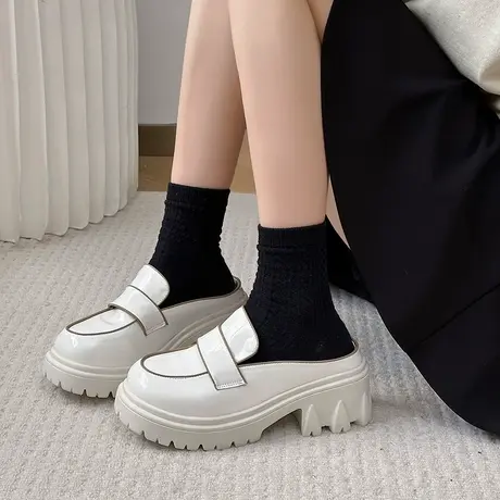 英伦风白色包头半拖鞋女外穿2023春夏半托单鞋厚底粗跟凉拖穆勒鞋商品大图