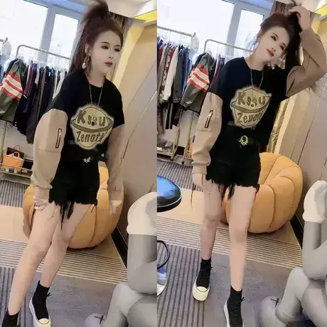 春秋季胖mm大码拼接拉链卫衣女宽松圆领插肩袖时髦减龄上衣200斤商品大图