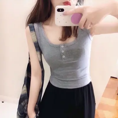纯色螺纹针织背心女夏外穿无袖短款修身显瘦露脐小吊带上衣潮商品大图