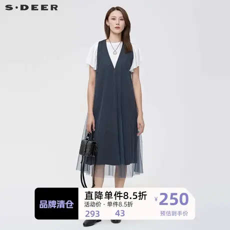 sdeer圣迪奥女装优雅V领网纱拼接A字无袖连衣裙S222Z12W5图片