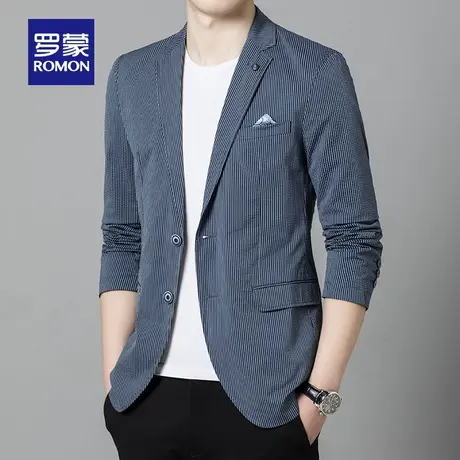 【直降】罗蒙男士时尚休闲单西外套2024春季条纹修身百搭西服青年商品大图