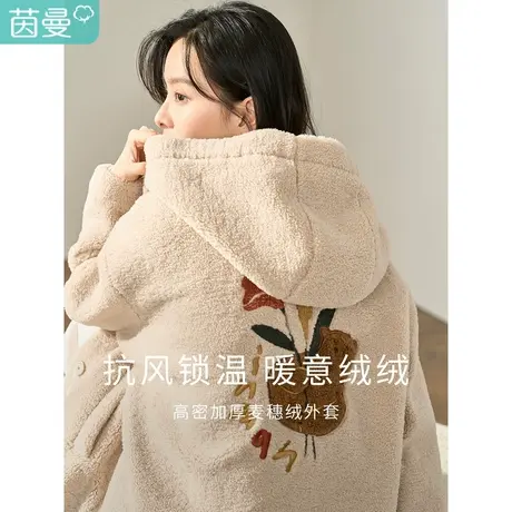 茵曼2023冬女装新款贴布绣花工艺加厚连帽绣花落肩长袖羊羔毛外套图片