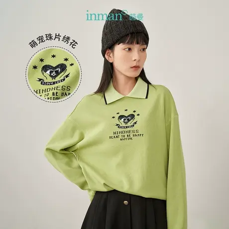 【商场同款】茵曼重工珠片女2023年春季新款POLO撞色套头罗纹卫衣图片