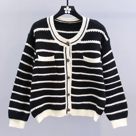 小香风撞色条纹毛衣外套女秋冬2023新款宽松显瘦设计感针织开衫商品大图