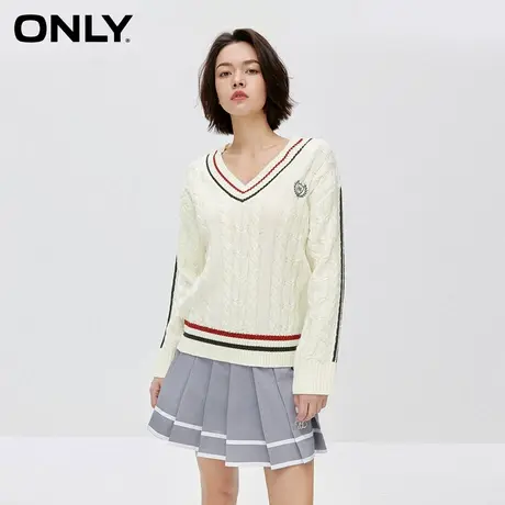 【直播专享】ONLY休闲设计感撞色V领落肩宽松针织衫商品大图