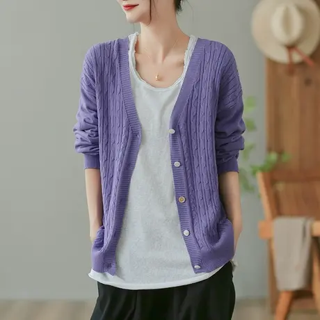 dza 复古棉线休闲针织开衫女士春秋宽松V领毛衣外套女装长袖上衣商品大图