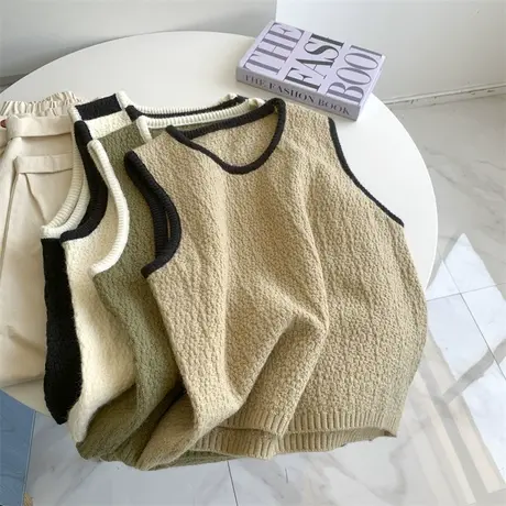 撞色圆领针织马甲背心女秋冬内搭外穿百搭圆领宽松针织衫上衣女图片