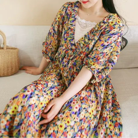 胖妹妹夏季2023新品印花法式V领两件套复古显瘦连衣裙【送吊带】商品大图