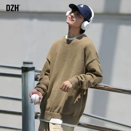 男士假两件提花毛衣男宽松圆领高级秋冬潮牌秋款男装2023新款休闲商品大图