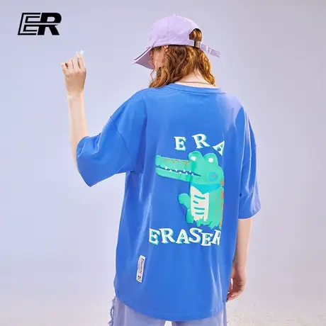 ER趣味鳄鱼印花T恤男夏季休闲宽松ins潮牌圆领纯棉情侣装短袖上衣商品大图