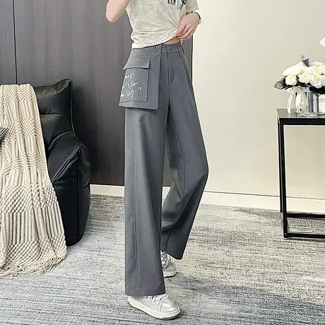 丽洁宽松美式阔腿工装裤女款夏季薄款弯刀裤2025新款卡其灰色裤子图片