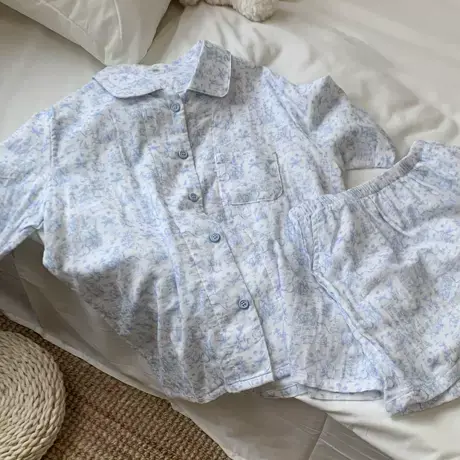 上新！a类纯棉双层纱布可爱卡通碎花短袖短裤睡衣家居服可外穿商品大图