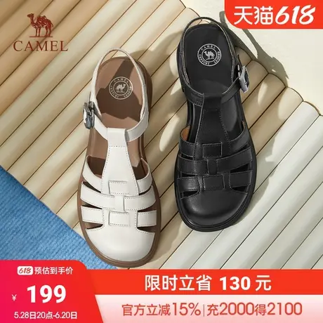 骆驼女鞋2024年夏季新款镂空包头凉鞋女厚底猪笼鞋真皮罗马凉鞋女商品大图
