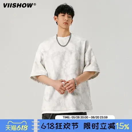 VIISHOW美式复古做旧扎染短袖T恤男潮牌高街假两件宽松圆领半袖商品大图