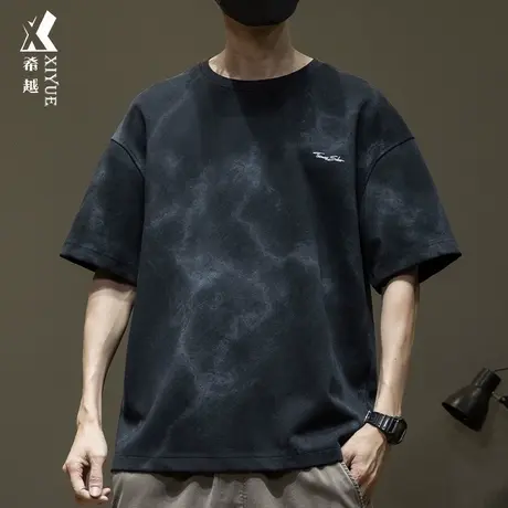 希越美式复古潮牌重磅短袖T恤男2025夏季新款宽松大码印花半袖t恤商品大图