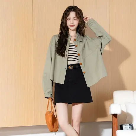 唐狮工装衬衫女春秋新款百搭短外套复古长袖衬衣短款甜酷女图片