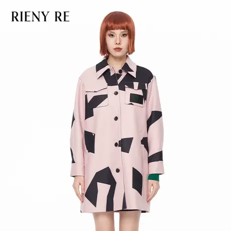 RIENYRE外套女秋冬季新款时尚高级宽松百搭不规则几何印花大衣女商品大图