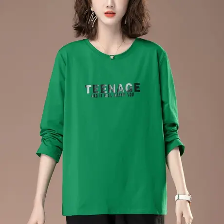 中年妈妈春秋季长袖T恤女新款加肥加大码女装宽松休闲印花打底衫商品大图