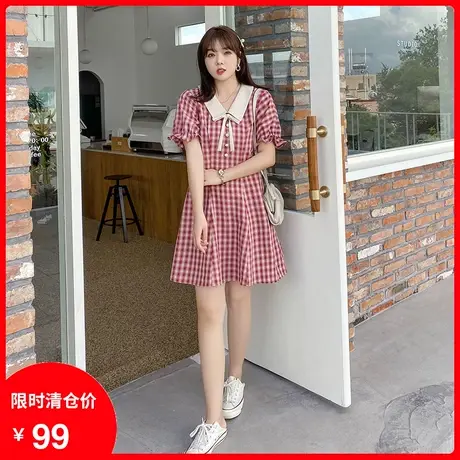 夏装新款红色格子蝴蝶结减龄显瘦遮肚法式甜美大码胖MM连衣裙商品大图