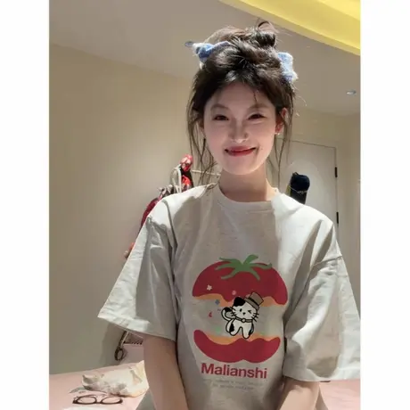 纯棉美式复古灰色落肩短袖t恤女2025新款设计感小众宽松半袖上衣商品大图