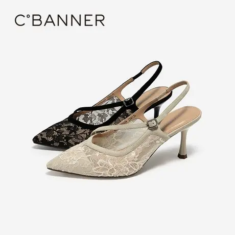 千百度蕾丝时装凉鞋女夏季新款细高跟鞋尖头气质法式后空凉鞋图片