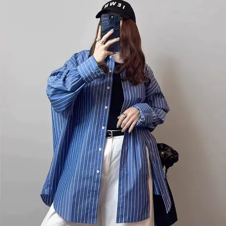 纯诗曼长袖条纹衬衫女中长款宽松大码休闲开叉时尚气质衬衣外套潮商品大图