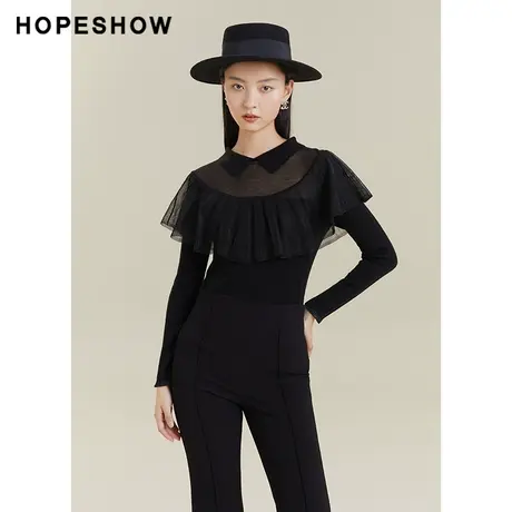 红袖outlets蕾丝套头针织衫hopeshow2022秋季翻领设计感拼接上衣商品大图