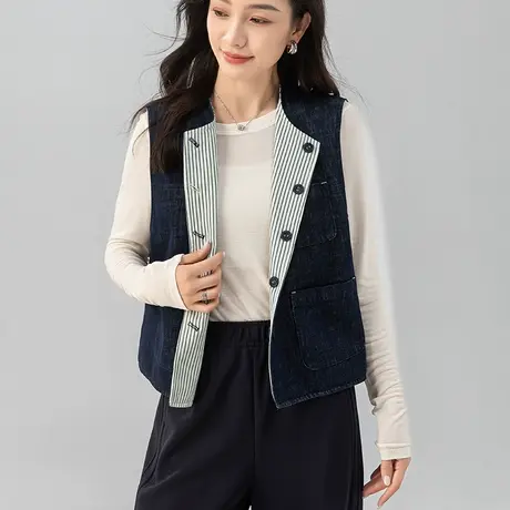工装牛仔马甲女2025年新款竖条纹撞色两面穿宽松夹克无袖上衣外套商品大图