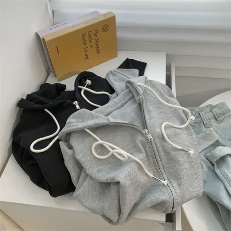 华夫格连帽衫卫衣女春秋季韩版宽松显瘦chic复古港味外套上衣潮牌商品大图