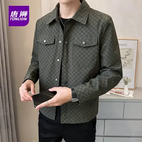 唐狮秋冬季新款男士格纹翻领行政商务夹克青少年水洗工装薄外套AP商品大图