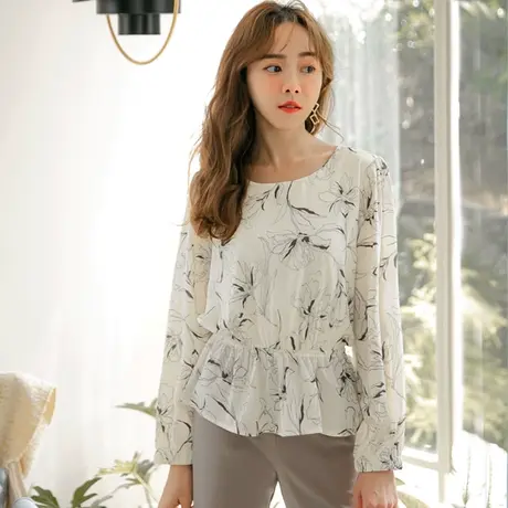 桔熊春秋季洋气小衫手绘印花收腰松紧泡泡长袖上衣女大码AB16154商品大图