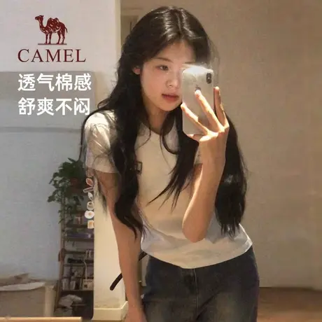 【夏日】骆驼女装圆领T恤女2025夏季棉T透气短袖休闲运动显瘦上衣商品大图