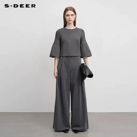 【sdeer奥莱】圣迪奥女装秋罗纹圆领喇叭袖宽松针织衫S233Z3560商品大图