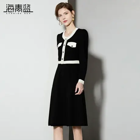 海青蓝 撞色连衣裙秋季女2025年新款高级长袖设计感小香a字裙子图片