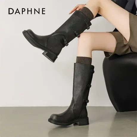 达芙妮黑色长筒靴女2025新款冬季复古机车马丁靴皮带扣中筒西部靴图片