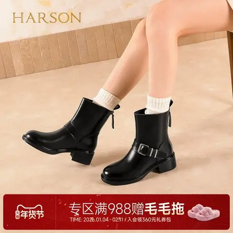 哈森复古搭扣百搭骑士靴女2025秋冬新款舒适后拉链时装靴HA252502商品大图