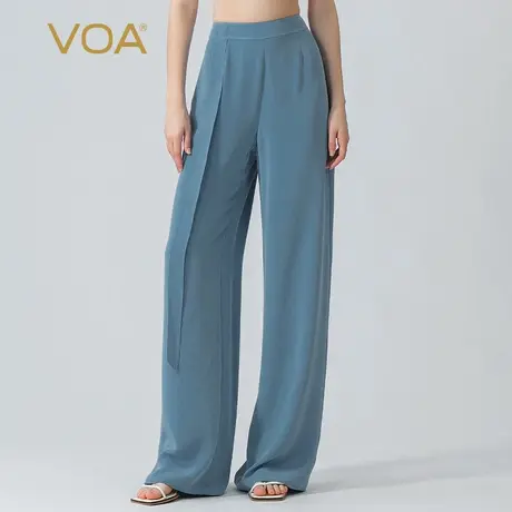 VOA30姆米重磅桑蚕丝竹月蓝自然腰飘带立体装饰长款真丝直筒裤商品大图