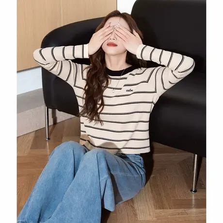 唐狮春秋新款女长袖毛线衫条纹圆领时尚潮流百搭简约上衣TE图片