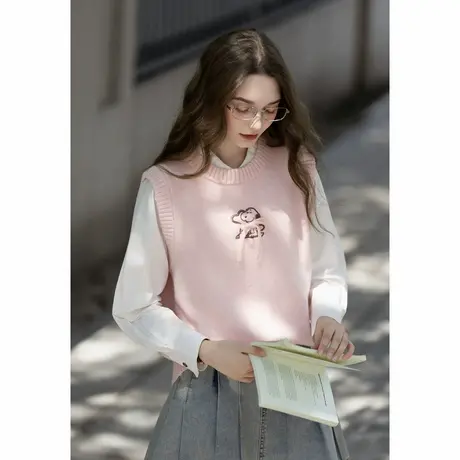 【史努比联名款】唐狮秋冬背心毛线衫女圆领蝴蝶结甜美系温柔TMTA商品大图