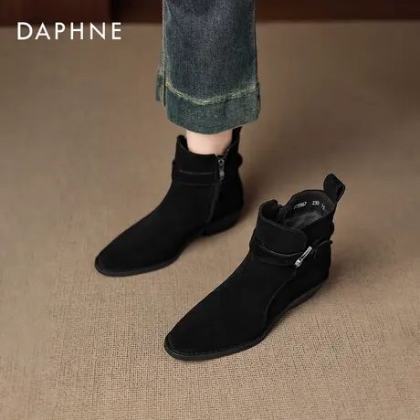 达芙妮粗跟马丁靴女2026冬新款绒面尖头短靴法式加绒瘦瘦靴妈妈鞋商品大图