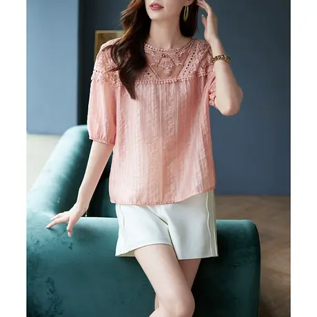 宝诗黎圆领蕾丝拼接镂空雪纺上衣女装夏季五分袖2023新款纯色小衫商品大图